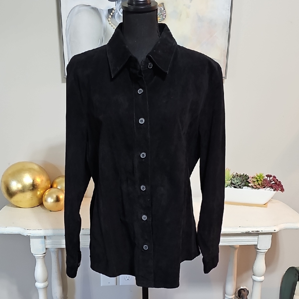 🖤 Jessica Holbrook Black Genuine Leather Suede Button Down Shirt L